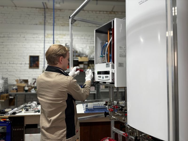 Heating engineer commissioning a new wall-mounted boiler